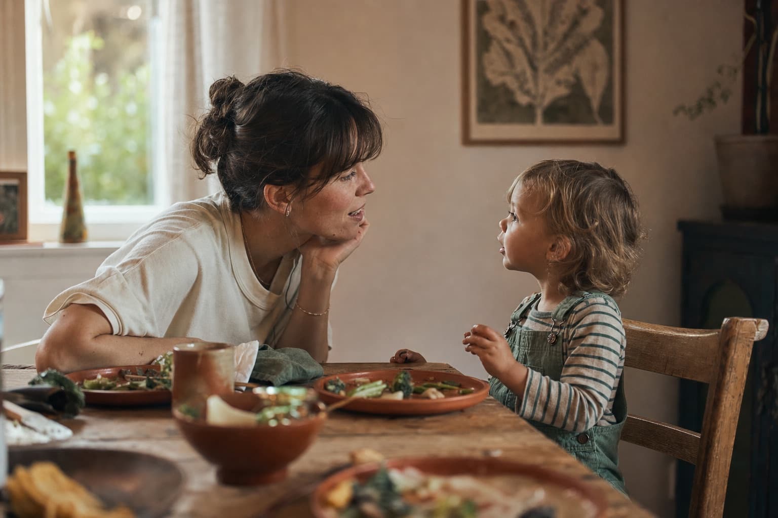 Mom crouching to eye level with her toddler at the dinner table