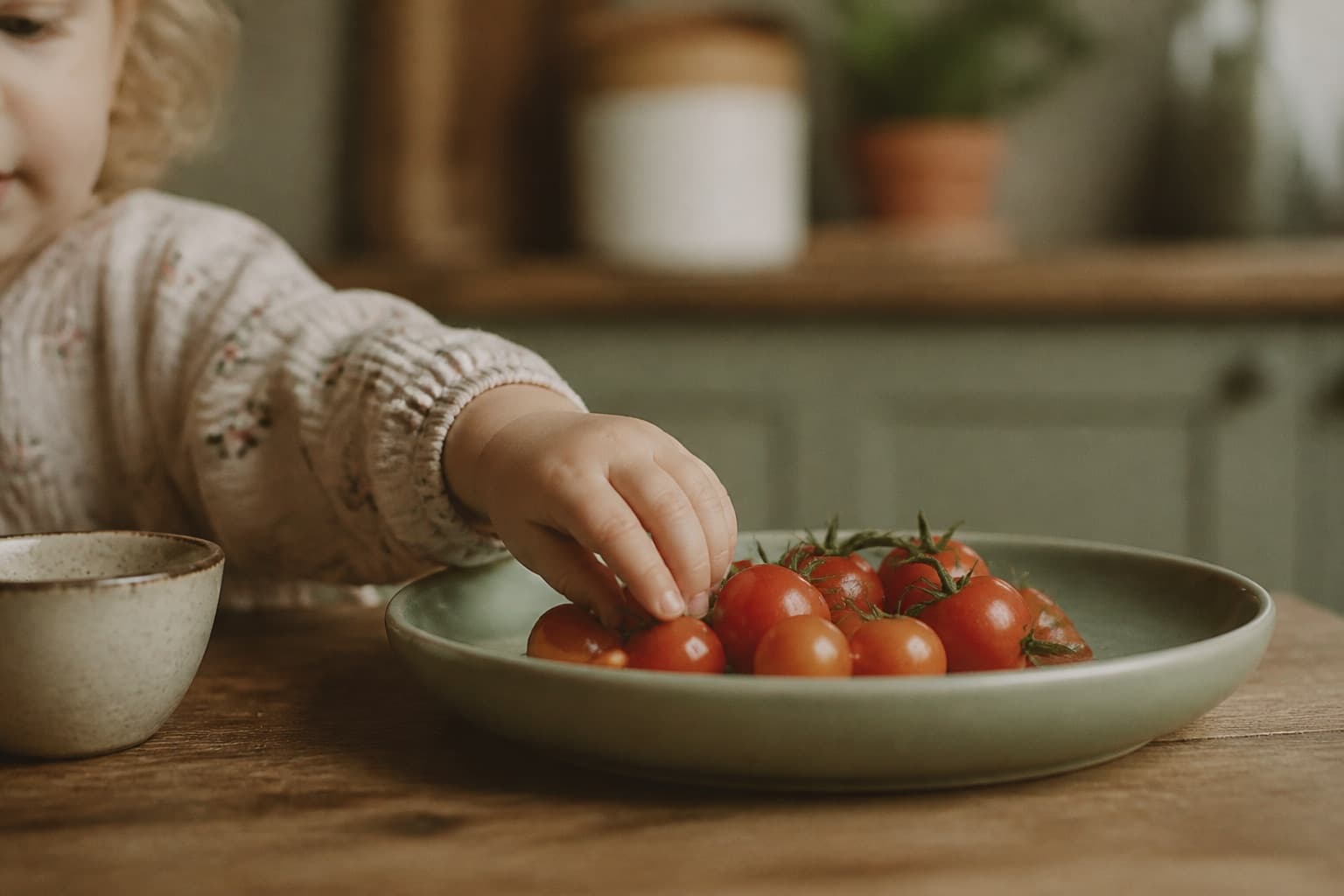 Toddler hand reaching for cherry tomatoes on a sage green plate