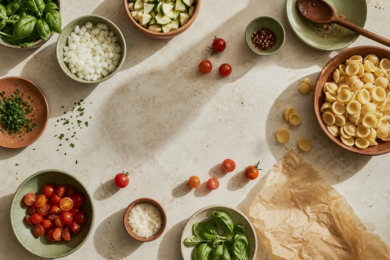 Overhead flat-lay of family dinner ingredients in ceramic bowls