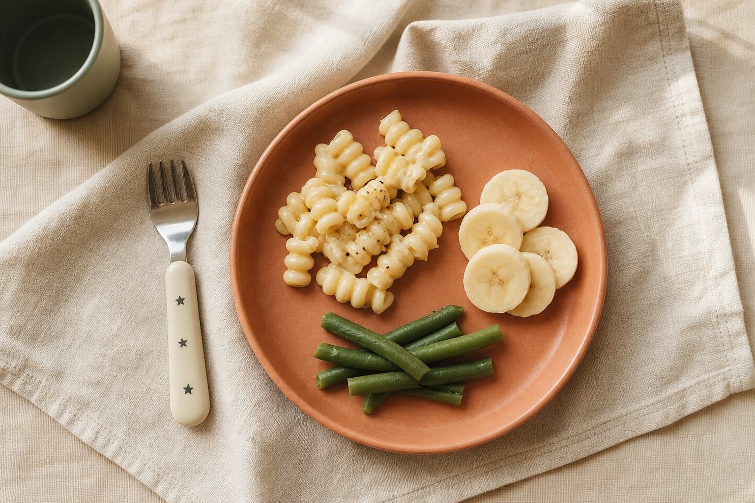 Toddler plate with pasta, banana and green beans on a terracotta dish