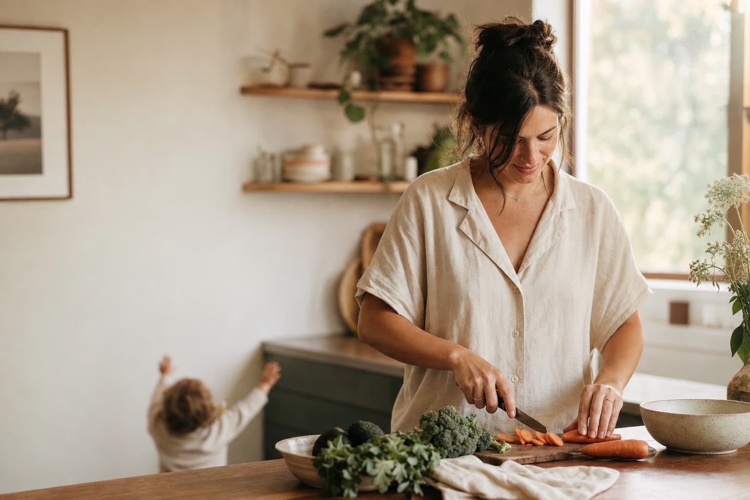 Mom preparing vegetables at a sunlit kitchen counter while her toddler plays nearby