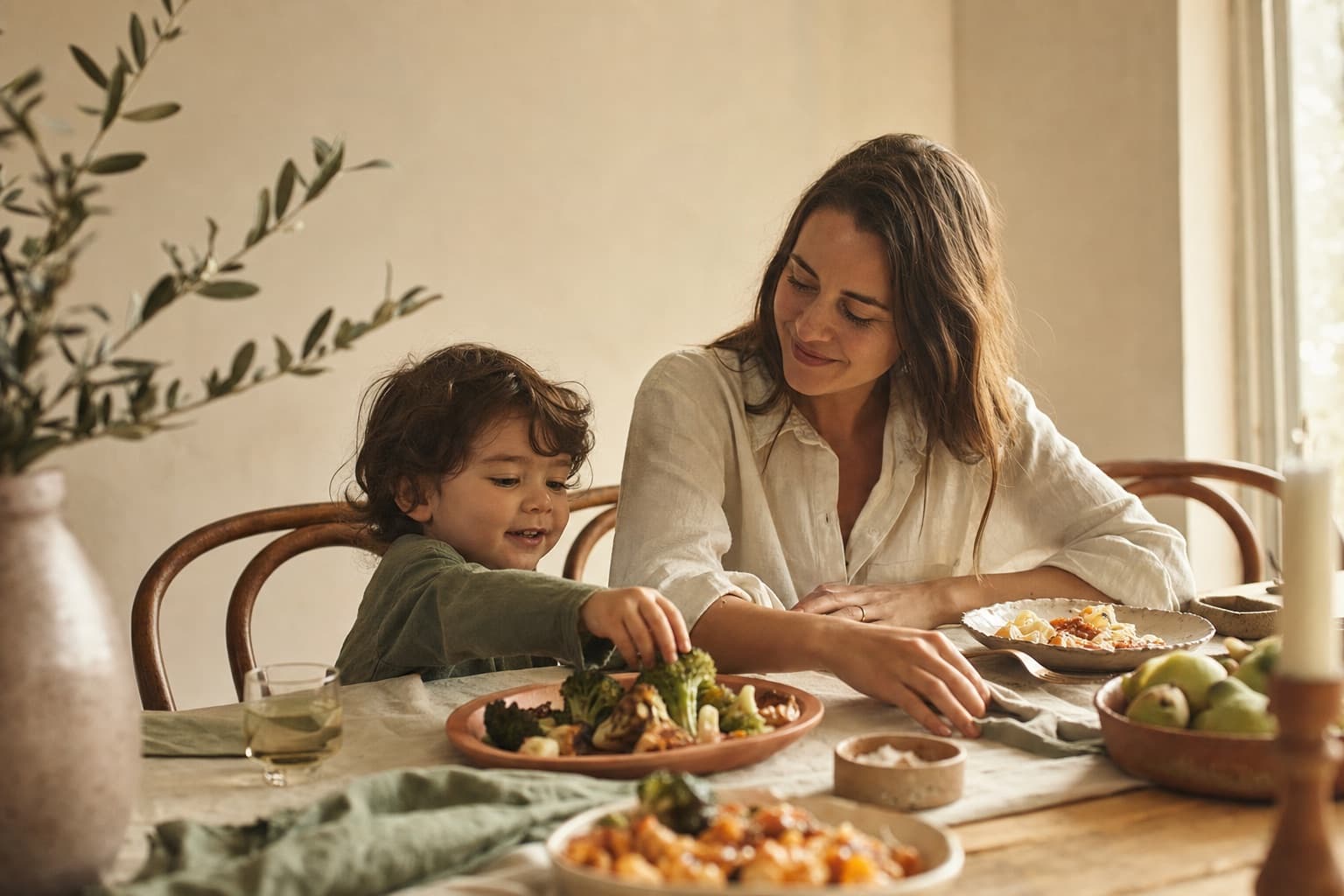 Mom and her toddler sharing a calm dinner, the child reaching for roasted broccoli