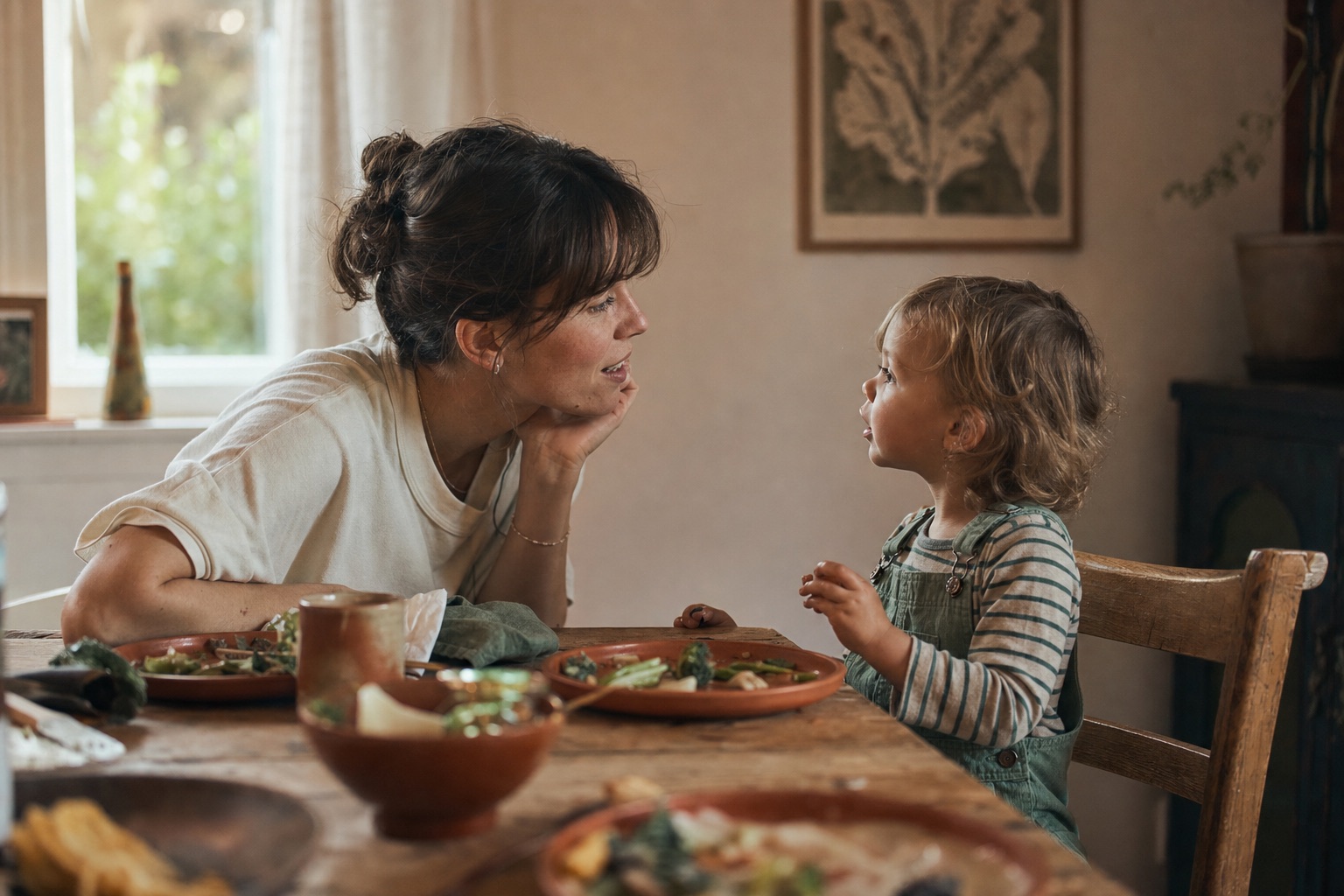 Mom crouching to eye level with her toddler at the dinner table